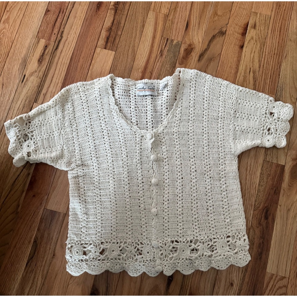 Carolyn Taylor Ivory Crochet Cardigan Short Sleeve Cotton Ramie Knit Top Medium
